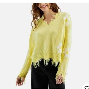 Sunny Yellow Frayed Hem V-Neck Sweater